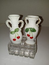 vintage white porcelain textured cherry mini 3.5" bud vases gold accent