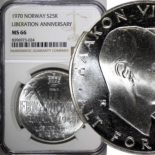 Norway Olav V Silver 1970 25 Kroner NGC MS66 Anniversary of Liberation KM#414(4)