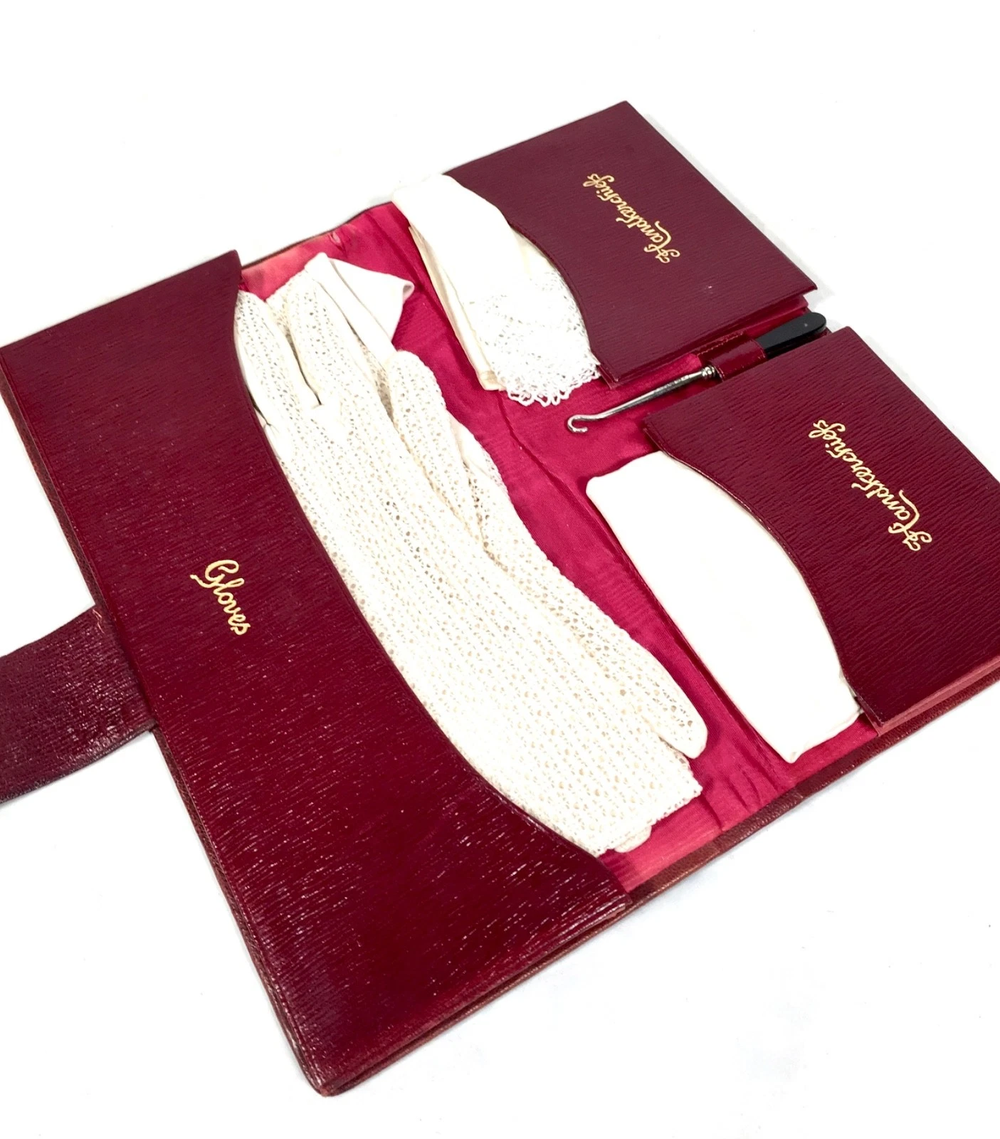 Vintage Ladies Maroon Red Leather Travel Gloves & Handkerchief Purse