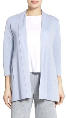 New Eileen Fisher Silk/Organic Cotton Interlock Knit Cardigan Blue Open Front