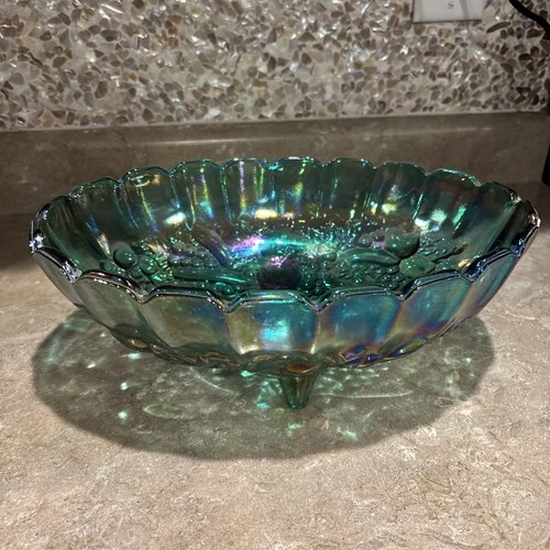 Vtg 12" Indiana Blue Oval Carnival Glass Footed Harvest Fruit Bowl Centerpiece