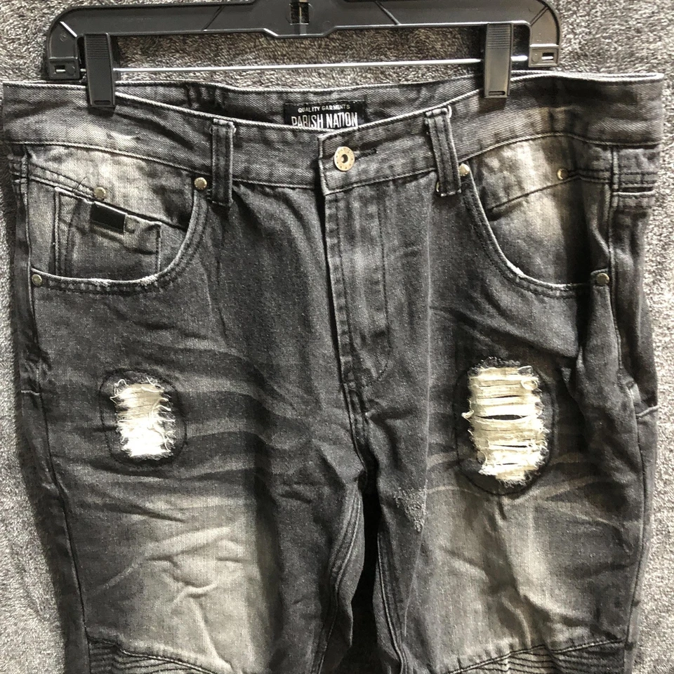 Parish Nation Jeans Mens 36 Black Gray Moto Biker Ribbed Distressed Ripped Denim - Image 4 of 4
