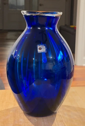 Hand Blown Blenko Cobalt Sapphire 9" Straight Optic Glass Vase, Clear Rim, Label