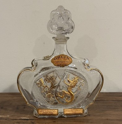 Vintage Oblin Armagnac France Glass Decanter Bottle Gilt Coat Of Arms Lions