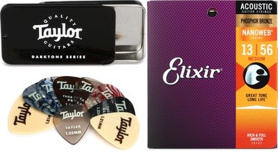 Taylor DarkTone Series Pick Tin + Elixir Strings 16102 Value Bundle