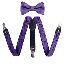 Boys Paisley Adjustable Pre-tied Bow Tie and Clips Suspenders 5-dark Purple