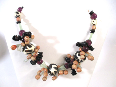 African Bone Tribal Look Bone Choker Necklace Chunky Brown Seeds Glass Artisan