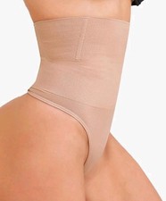 Women High Waisted Tummy Control Thong Shapewear W/4 Support Bones Tan Sz M