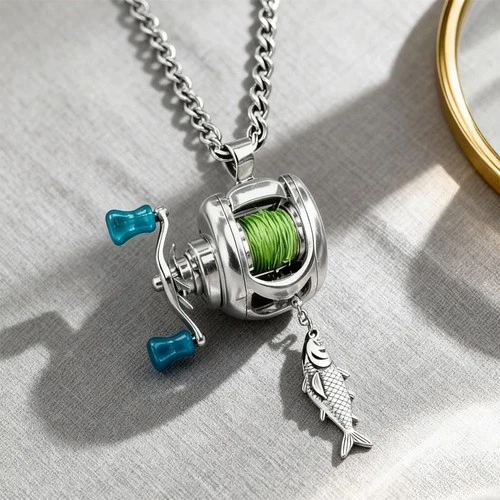 Fishing Reel Necklace Mini Rotating Reel Necklace Angler Jewelry Pendant Punk - Picture 1 of 16