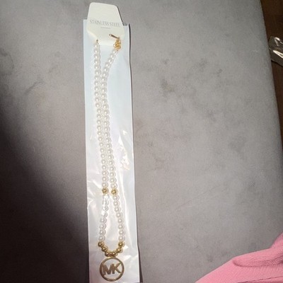 Michael Kors Gold Tone Stainless Steel Ball/Bead Necklace w/ White Pearl Charm