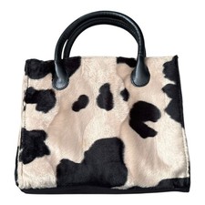 Cow Print Faux Fur Satchel Handbag Black Beige Top Handle Purse Animal Print