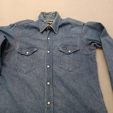 Vtg 90s Wrangler Denim Western Pearl Snap Shirt Mens M 15.5 35 Cowboy Cut Blue