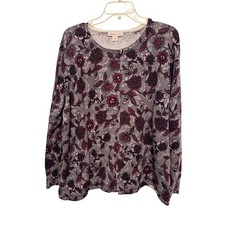 Coldwater Creek Womens 2X Floral Cardigan Sweater Grey Burgundy Cotton Rayon