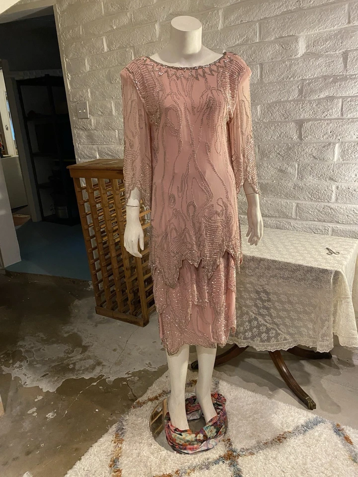 Conjunto Vintage Con Cuentas 2 Piezas Oleg Cassini Talla 10 100% Seda Midi Rosa Pálido Foto 2 de 4