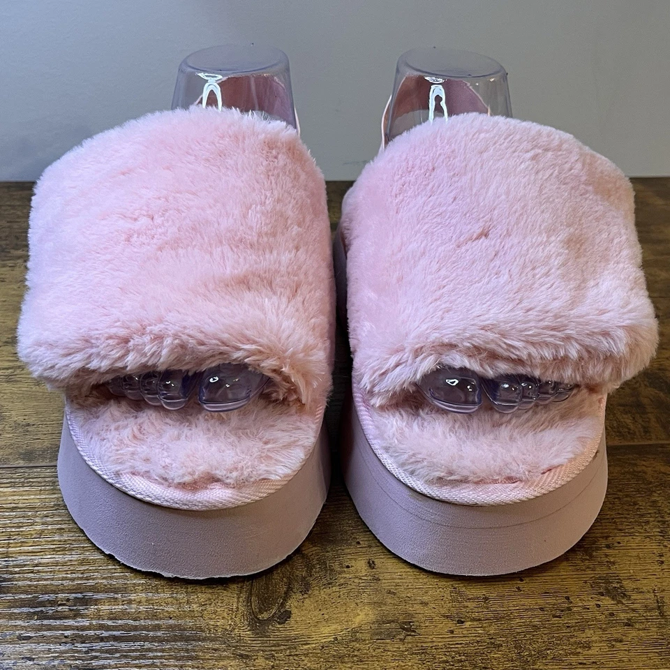 EUC Women’s Size 9 Pink Faux Fur Fuzzy Adjustable Slingback Slide Slippers Comfy - Image 3 of 4