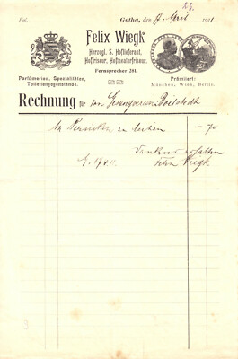 Ill. Rechnung, Fa. Felix Wiegk, Hoffriseur, Hoftheaterfriseur, Gotha, 17.4.1911