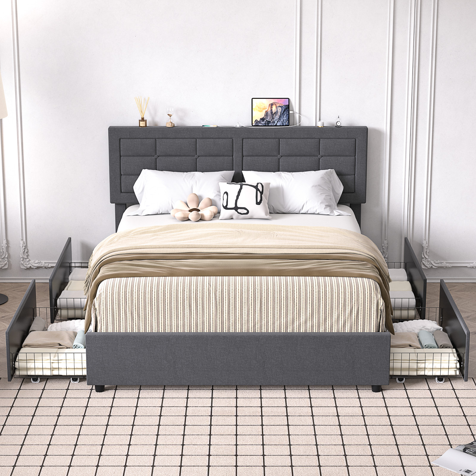 W/4 Drawer And Usb Port Mattress Base Upholstered Headboard