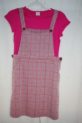 pink plaid overall dress Girls 2 Pc Outfit PINK PLAID OVERALLS DRESS Jumper S/S T-SHIRT Size XXL 18