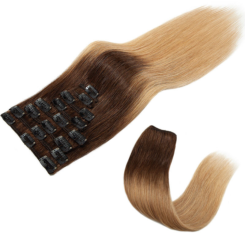 Clip In Hair Extensions 100% Remy Human Hair Long Weft Full Head Ombre Highlight