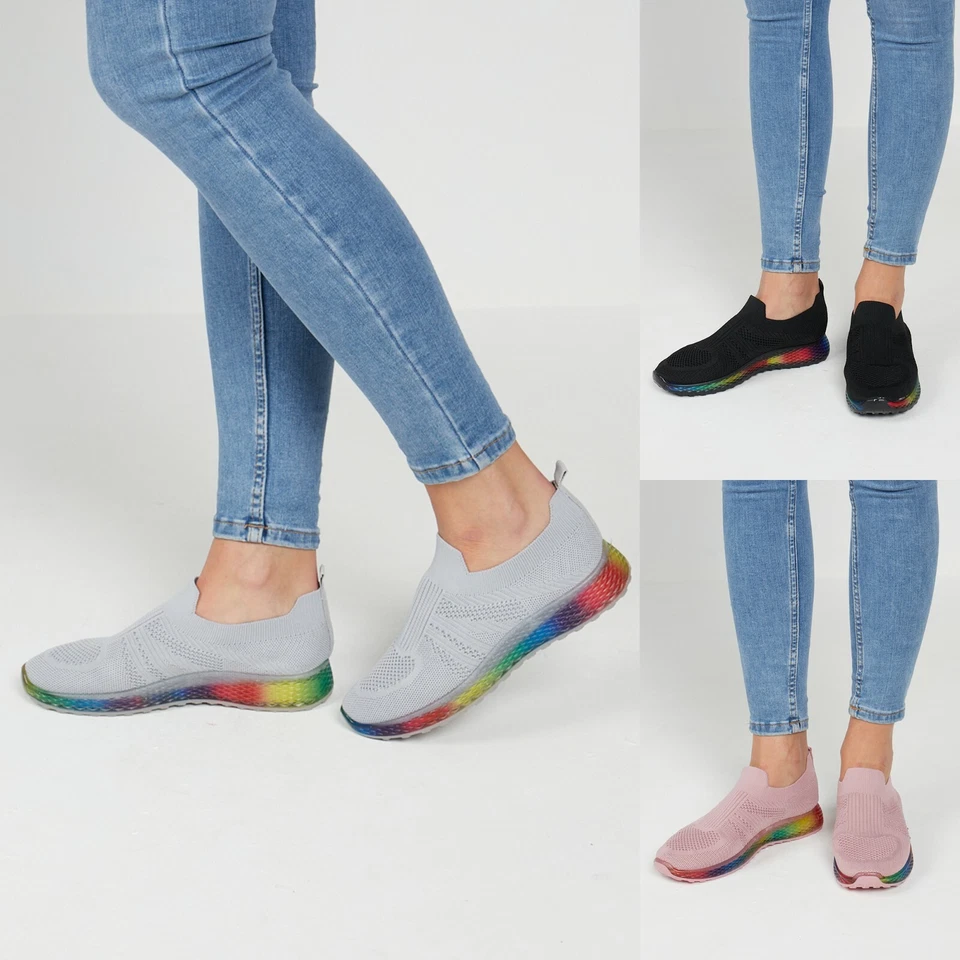 Womens Sock Trainers Sneakers Ladies Slip On Jogging Rainbow Pumps Shoes UK 3-8