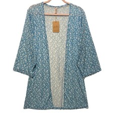 Jardin Stretch Kimono S/M Semi Sheer Blue White Ditsy Floral EUC 13032