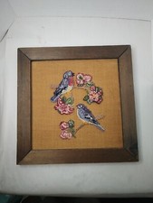 Vintage Framed Needle Punch Blue Birds Tree Flowers Avian Nature Wallhanging