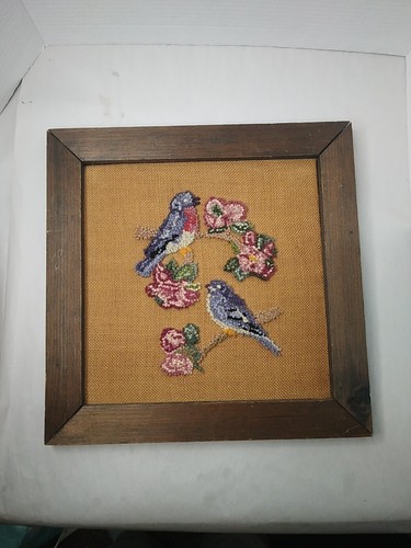 Vintage Framed Needle Punch Blue Birds Tree Flowers Avian Nature Wallhanging