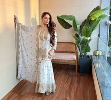 Beautiful Vichitra Silk White Kurta Palazzo With Dupatta For Indian Festival