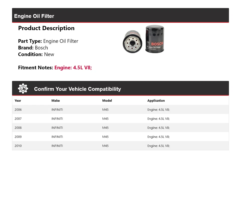Filtro de óleo Bosch Premium 2007 2008 2009 para 2006-2010 INFINITI M45 4.5L V8 - Imagem 2 de 3