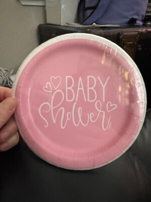 Unique 8ct. Pink Hearts Baby Shower 6-3/4'' Paper Dessert Plates Party Tableware
