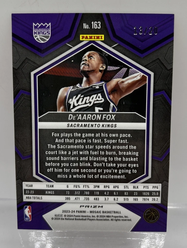 2023-24 Panini Mosaic De'Aaron Fox Fast Break Pink Mosaic 13/20 Kings - Image 2 of 3