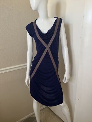 VPL Dk Royal Blue/Gray 100% Modal Draped Neck Sleeveless Draped Sheath Dress S