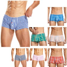 Mens Casual Checker Boxer Shorts Buttoned Pouch Underwear Cotton Loose Homewear