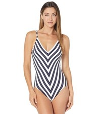 Gottex L54613 Navy Striped V-Neck Skinny Straps One-Piece Swimsuit Size 8