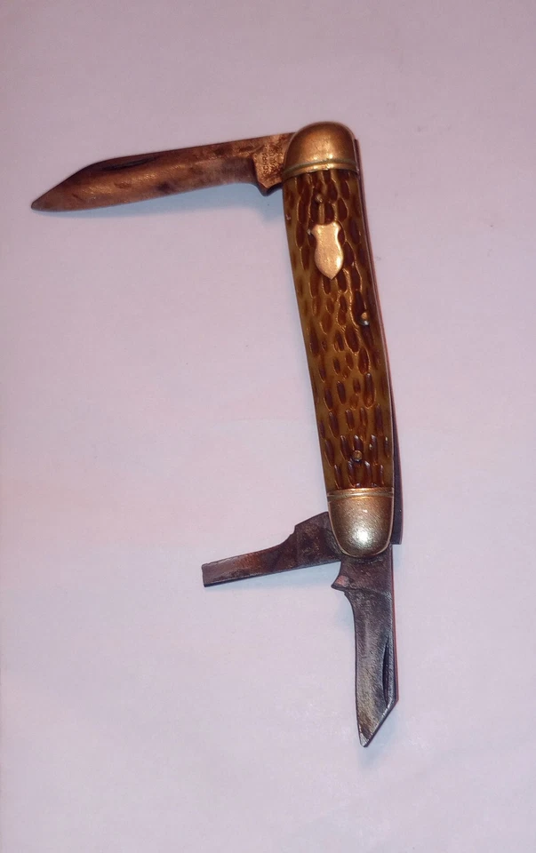 Vintage SCHRADE WALDEN #804 3 Blade Yellow Peach Seed Stockman Pocket Knife - Image 2 of 4