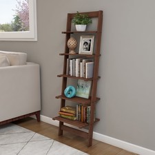 Lavish Home 5-Tier Slatted Wood Leaning Ladder Shelf in Walnut Finish for Narrow