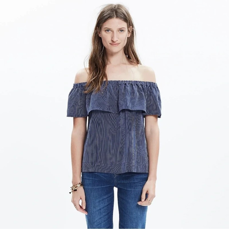 Madewell 100% Silk Balcony Off The Shoulder Pinstripe Blouse