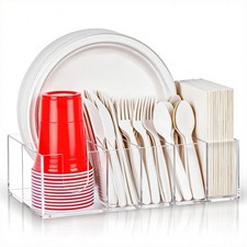 Acrylic Paper Plate Organizer for Countertop, Silverware Caddy for Cups, Napk...