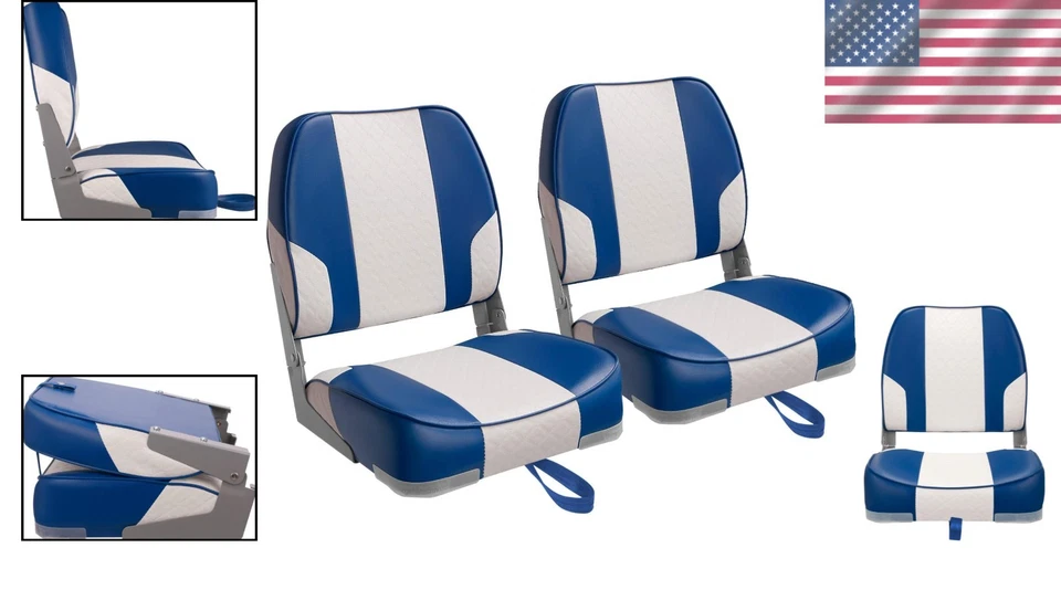 Comfortable Folding Low Back Boat Seats - Stylish White/Blue Pair for Marine Use Foto 2 de 4