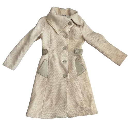 Mackage Petite Herringbone Wool Coat Womens P/S Ivory Leather Trim