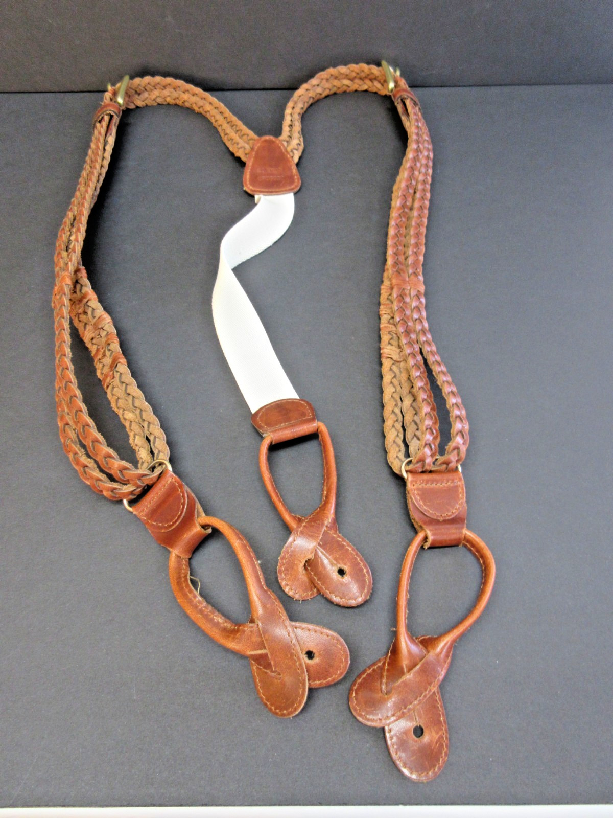 Braided Leather Double Strap Button Suspenders Br… - image 2