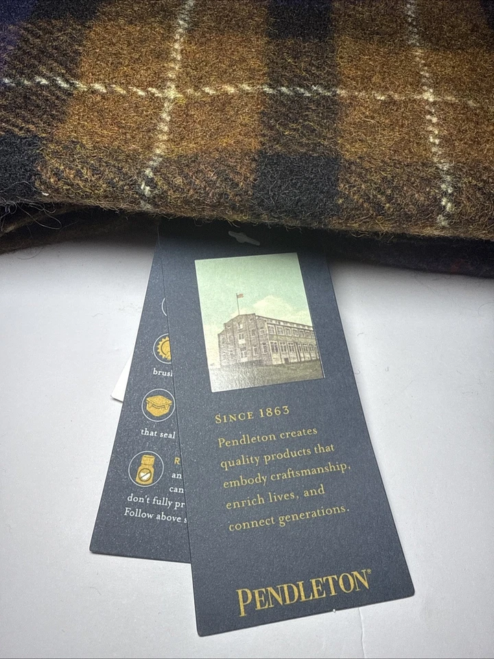 Pendleton Brown Blue Plaid Wool Blanket New With Tags - Image 2 of 4