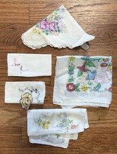 Lot of 5 Antique Assorted Multi-Color Floral Flower Design Handkerchiefs