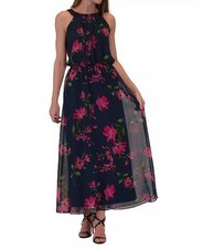 Robbie Bee Navy Floral Chiffon Halter Maxi Dress Pleated Sleeveless Size 6