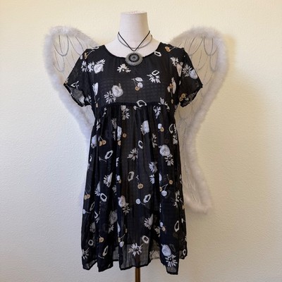 Girl Grunge Black Sheer Babydoll Dress Short Sleeve Floral Heart Print Goth Emo
