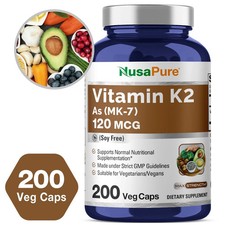 NusaPure Vitamin K2 MK7 120 mcg 200 Veggie Caps Non-GMO, Vegan Exp 05/27
