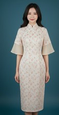 Vintage Style Cheongsam Qipao Dress M  Peach Floral Jacquard Midi