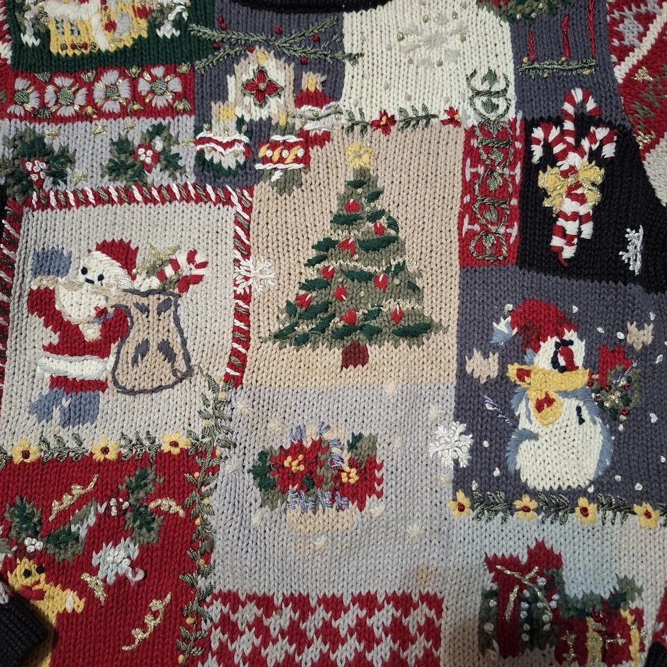 Suéter Grueso Navidad Feo De Colección Años 90 Para Mujer Ramie Vacaciones Patchwork Retro M Foto 2 de 4