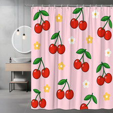 Cute Cherry Floral Shower Curtain for Kids Bathroom, Pink Design
