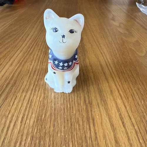 Fenton White Cat Opal Satin Patriotic Figurine Hand Painted and Signed